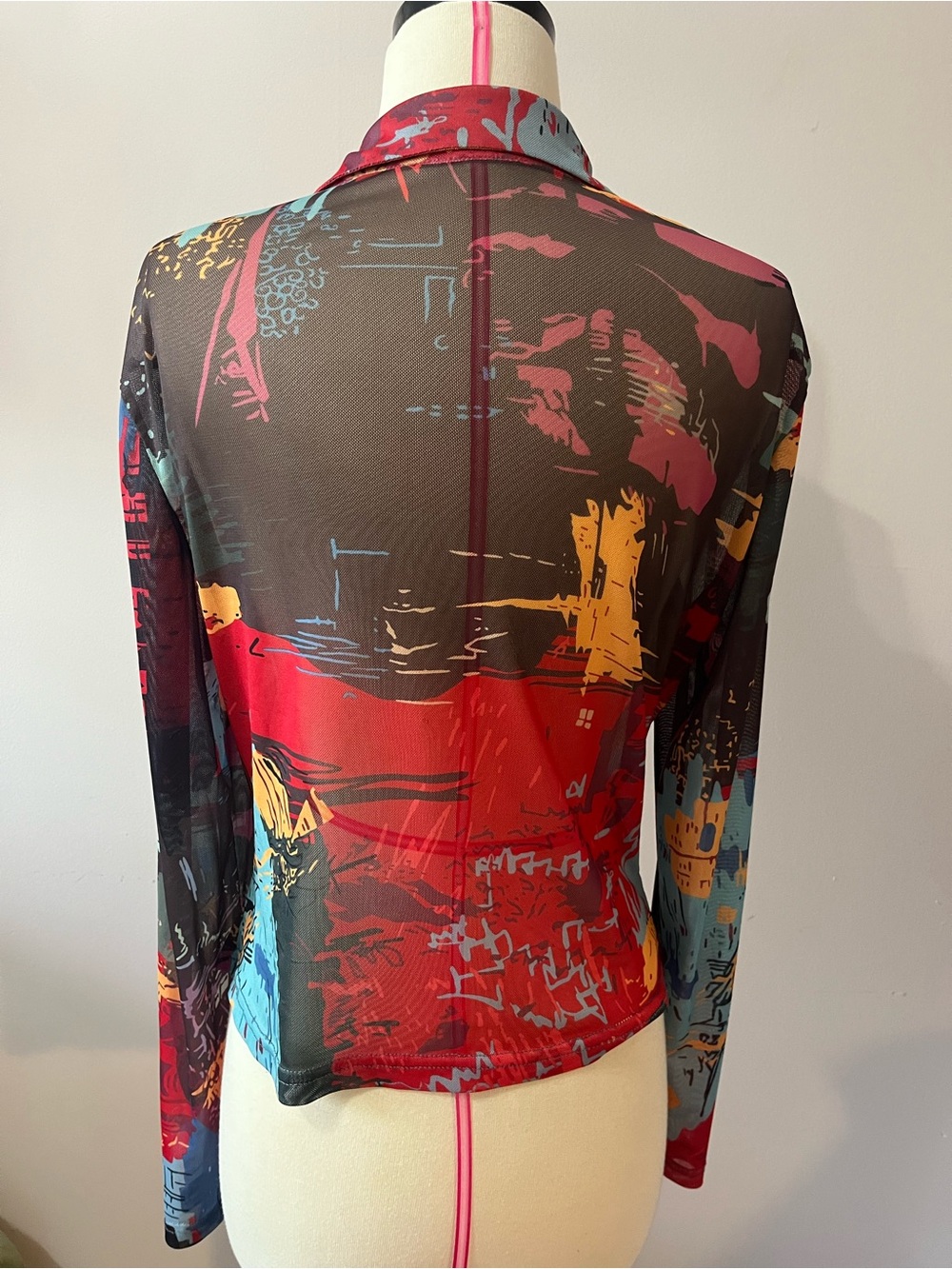 Sheer Multi-Color Ruched Button-Front Blouse - Picture 8 of 8